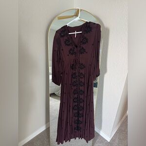 Free People Maroon Floral Long Sleeve Dress